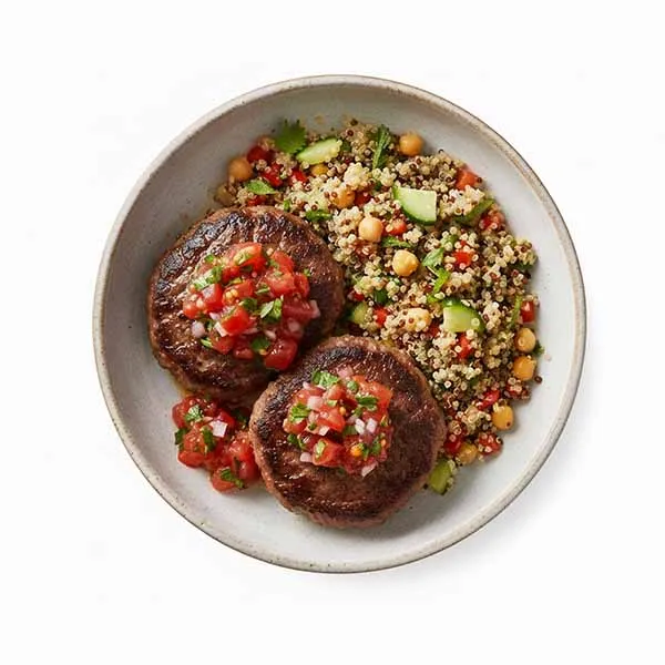 Seared Beef Patties with Herby Tomato Chutney & Chickpeas Quinoa Mix